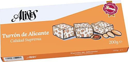 Alises Turrón de Alicante - Almendras y Miel - Calidad Suprema - 100% Natural - Sin Gluten - Sin Lactosa - Turrón Español 200g (Duro)