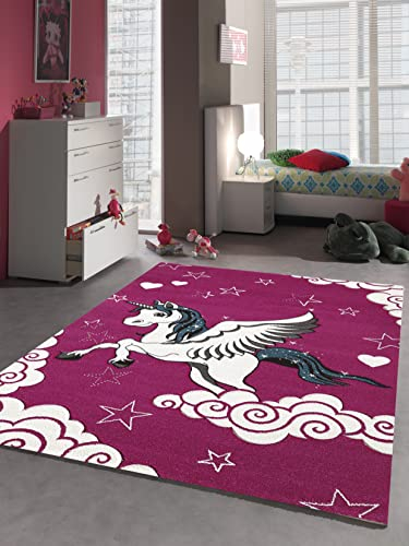 the carpet Monde Kids Moderner Weicher Kinderteppich, Weicher Flor, Pflegeleicht, Farbecht, Lebendige Farben, Herz, Einhorn, Fuchsia, Lila, 80 x 150 cm