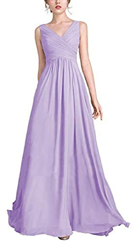 yhfshop Longue Femme Robe de Soirée de Demoiselle,Robe de soirée en Mousseline de Soie à col en V A Line,Lilac Violet D,34,Robe de Soirée Longue Cérémonie