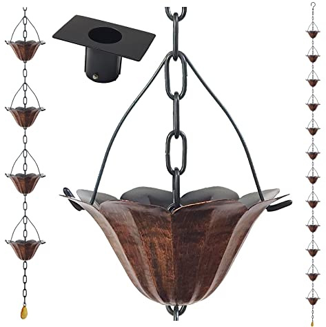 Lotus-Eisen-Regenkette für Dachrinnen und Regentonne + Adapter, bronzefarben