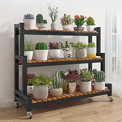 LIGUOYI Portafiori - Porta Piante da Esterno, 2/3 Ripiani Supporto Piante Stand di Piante con Ruote, Espositore per Piante in Metallo per Cortile, Giardino, Patio, Balcone, Soggiorno