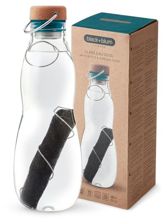 Black+Blum - Eau Good Glass Water Bottle - Leak Proof Borosilicate Glass Bottle with Screw-Fit Wood Fibre Lid, Carry Loop and Protective Sleeve - Ocean - 650ml