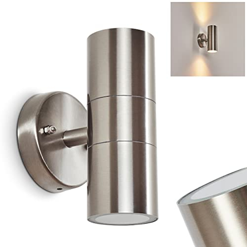 Außenwandleuchte Bessiebelle, Außenleuchte aus Metall/Glas in Edelstahlfarben/Weiß, Wandlampe mit Lichteffekt für Terrasse/Eingangsbereich, Up&Down Leuchte, 2 x GU10, ohne Leuchtmittel, IP44