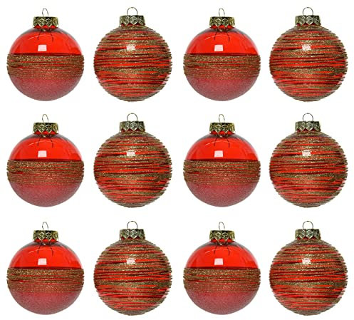 Kaemingk Weihnachtskugeln Kunststoff 8cm x 12 Stück Streifen Motiv Christbaumkugeln rot transparent Gold