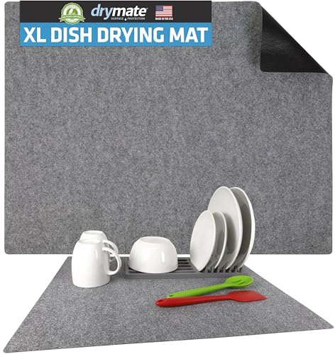 Drymate XL Dish Drying Mat, Oversized (19”x24”), Low-Profile, Super Absorbent, Quick Dry Fabric, Waterproof & Slip-Resistant, for Kitchen Counter, Trimmable, Easy to Clean (USA Made)(Light Grey)