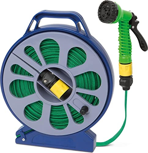 7 in 1 - Kompletter Gartenschlauch mit Aufroller - Gartenschlauchaufroller - 15 Meter - Gartensprinkler - Sprühkopf Garten
