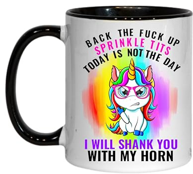 Novelty Unicorn Mug - Back The Fuck Up Sprinkle Tits - Adult Humour Funny Sarcastic Ceramic Coffee Cup (Black)