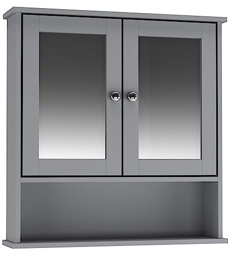 URBNLIVING Bathroom Modern Wall Cabinet With 2 Doors Mirrors Shelves Bath Medicine First Aid Toiletries Wall Mounted Storage Cabinet (Grey)