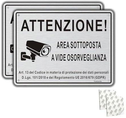 Cartello Area Videosorvegliata Alluminio Con Avviso GDPR, 2 Pezzi 15x20cm, Videosorveglianza Con Adesivo e Fori Preforati, Telecamera Metallo per Casa e Negozio, Interno ed Esterno