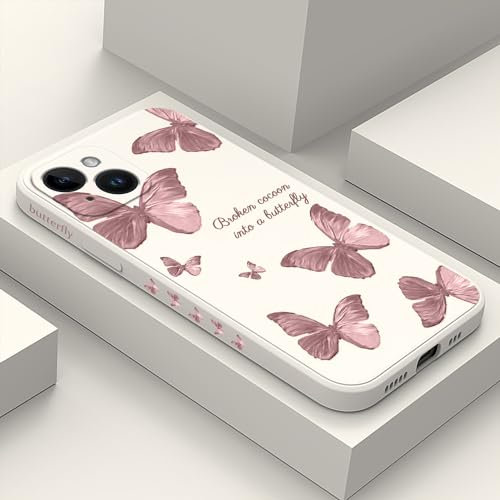 LEECG für iPhone 15 Hülle, Kreative Muster Design für iPhone 15 Handyhülle mit Mikrofaser Weiche Flüssigem Silikon Cover-Schmetterling Weiß