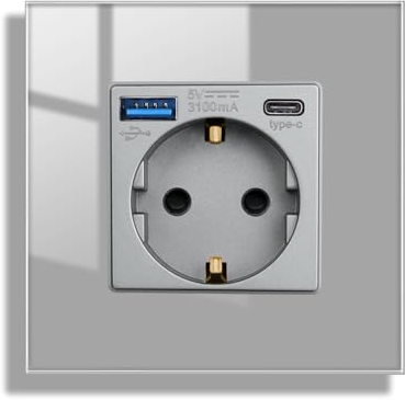 JIMEIDA Steckdose Glas mit USB 20W Schnelles Laden in Grau Unterputz,1 Fach 16Amp Steckdosen mit USB A und Type C max.3.1A,86 * 86mm,250V