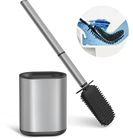 COSICOSY Toilet Brush, Stainless Steel Silicone Toilet Brush and Holder Flexible Soft Silicone Toilet Brush for Deep Cleaning with Long Handle Wall Mounted Grey