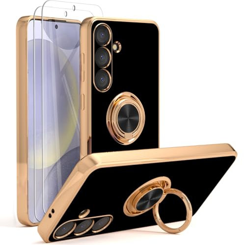 YIRSUR Case Compatible with Samsung Galaxy S24 with 2 Pack Screen Protector, with Ring Holder Plating Rose Gold Edge 360° Kickstand Cover Slim Soft Flexible TPU Protective for Samsung S24 (Black)