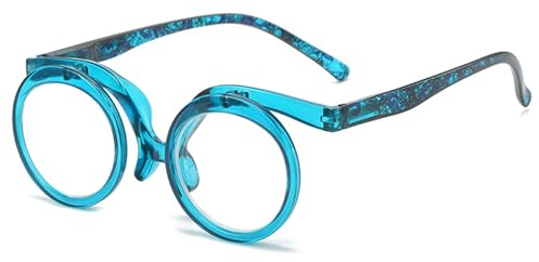 Lanomi Lesebrille Damen Herren klappbare Lesehilfe Kunststoff Makeup Sehhilfe Rund 90 Grad Flip Up Brille mit Stärke Transparent Blau 2.5