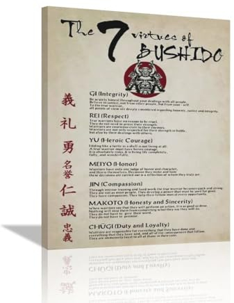 Japanische Samurai-Wandkunst, 7 Tugenden des Bushido-Bilder, Wanddekoration, motivierendes Krieger-Poster, Leinwandgemälde, gerahmt, moderne Wohnkultur, Kunstwerke für Badezimmer, Schlafzimmer,