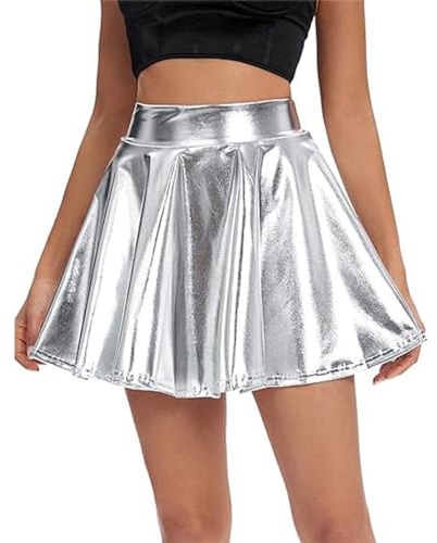 FULUJIDI Hübscher Rock Damen Sexy Bühnen Glanzleder Plissee A-Linien Rock XL Silber Grau