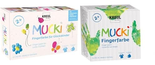 Kreul 23050 - Mucki Fingerfarbe für Glückskinder & 2314 - Mucki leuchtkräftige Fingerfarbe, 4 x 150 ml