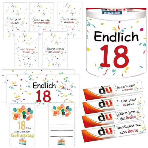 MKISHINE 18-jährige Grußkarte + AUFKLEBER SET - Duplo Endlich 18 Geburtstag Geschenk Gebursttagsgeschenk Frau Mann Kind Volljährig DIY Last Minute Geschenkidee Duplo Banderolen
