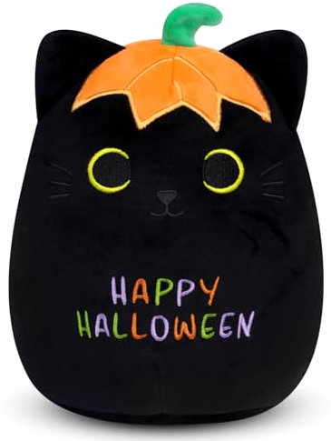 MUFEIRUO Halloween Katze Plüsch Plüschtiere,Schwarz Katze Plüsch Kissen,Halloween Plüschtiere mit Kürbis Hut,Geschenk für Kinder Jungen Mädchen