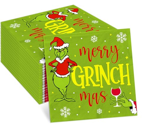 48 Stück Grinchmas Party-Servietten, Dekoration, Frohe Weihnachten, Whoville, Dekoration, Papierservietten für Feiertage, Neujahr, Weihnachten, Geburtstag, Partyzubehör
