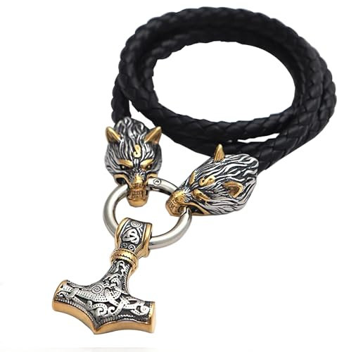 MYZTTZR Thor Hammer Gold,60cm, Viking Necklace Pendant for Men Scandinavian Stainless Steel Leather Woven Thor Hammer Fenrir Amulet Women Jewellery Gift