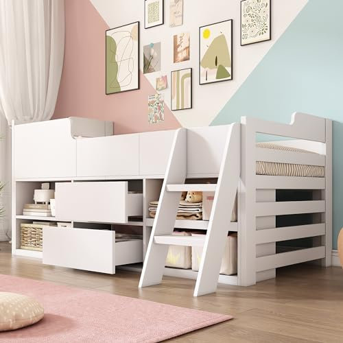 Mid Sleeper Bunk Bed for Kids, Cabin Bed With Ladder, Drawers, Storage Cabinet and Safety Guardrails, Low Sleeper Bed Children Loft Beds, 3ft Single Children's Wooden Bed Frame, 90 x 190 cm, White