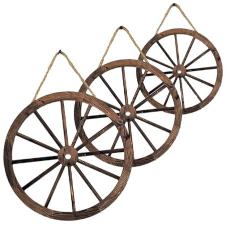 PHENOFICE 3 Stück Holz Wagenrad Wanddekoration Vintage Retro Wandornament Rustikal Pappelholz Party Deko