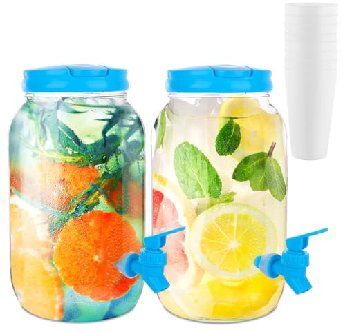 LOPYXBR 2 dispenser per bevande con rubinetto da 3,8 litri, in plastica con manico e coperchio, dispenser per bevande per esterni, famiglia, scuola, ufficio, con 8 bicchieri di plastica riutilizzabili