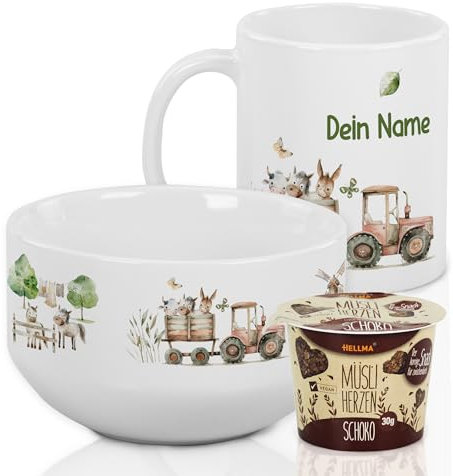 GRAZDesign Frühstücksset Müslischale mit Tasse Bauernhof für Kinder mit Namen personalisiert Keramik (Motiv 4, Geschenkset)