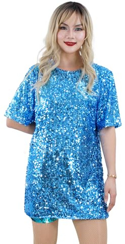 Muztagata Pailletten-T-Shirt-Kleid, glitzernd, lässig, kurzärmelig, Party, Club, Bluse, Outfit, Kostüm, blau, XL Hoch