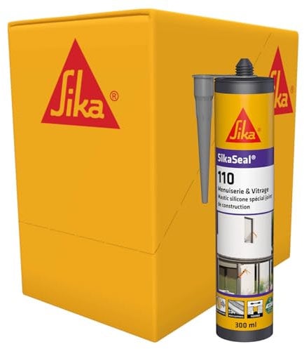 SIKA - Mastic silicone de construction - SikaSeal-110 Menuiserie & Vitrage, Gris - Joints de menuiserie et vitrage - Extérieur/intérieur - Carton de 12 cartouches de 300ml