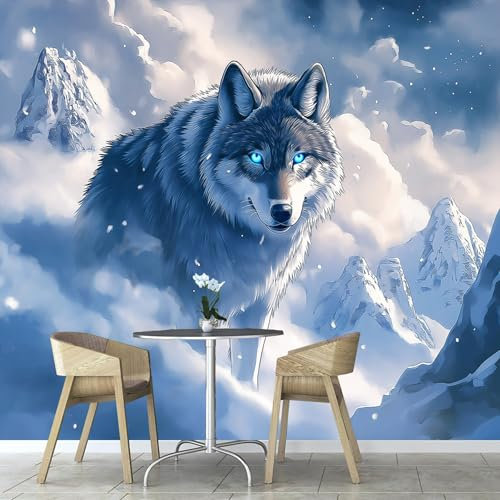 Papier Peint Panoramique Loup Aux Yeux Bleus, 250×175cm Animaux Montagnes Enneigées Papier Peint soie Personnalisé Photo Murale pour Salon Chambre d'enfants Décoration Murale