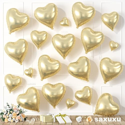Saxuxu Champagne Gold Heart Balloons, 20 Pcs 5/10/18 inch Gold Foil Love Balloons for Valentine's Day Decorations, Wedding, Engagement, Bridal Showers, Anniversary Celebrations