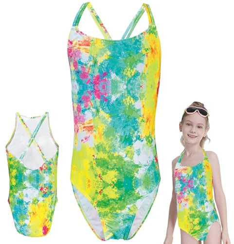 SUNXBUK Costume da Bagno per Ragazze,Costumi da Bagno Interi Bambina,Costume Intero,Costume Piscina, Motivo Tie-Dye Colorato per Ragazze da 8 Anni/122-128cm