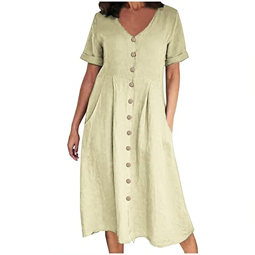 HAOLEI Robe Longue Femme Chic Et Elegant Robe Coton Lin à Manches Courtes Robes Couleur Unie BohèMe Mi-Longue Dress Grande Taille RéTro Boutonnée Robes pour FêTer Vacances Cocktail Party SoiréE