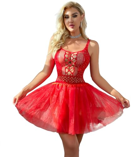 Aucute Damen Sexy ärmelloses Ausgehöhltes Strass Mesh Tüll Tutu Kleid, Perfekt für Weihnachten Valentinstag Tänzer Outfits