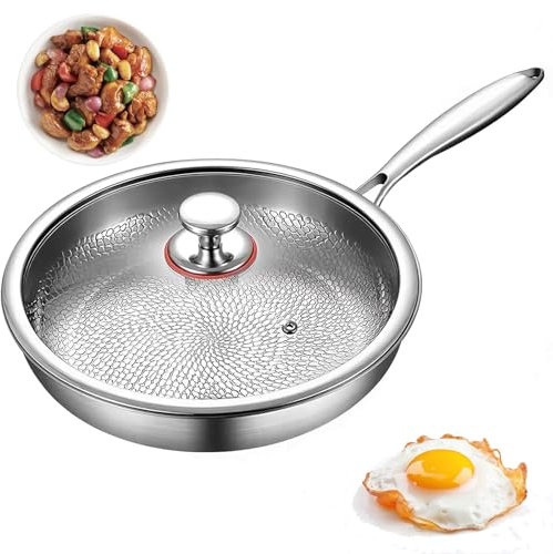 Titanium Hammered Pan Pro with Lid, Titaniums Pan for Cooking, Diameter 30Cm, Suitable for Induction Cookers and Gas Hoods, Stainless Steel Handle, Uncoated Non-stick Pan, for Stir-frying