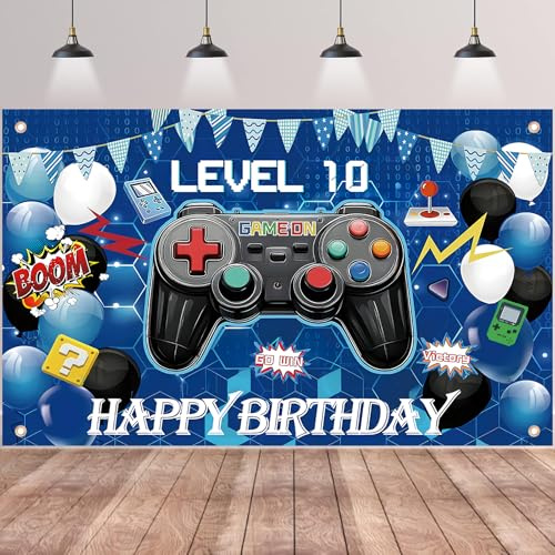 10th Birthday Party Banner Backdrop - Gaming Happy Birthday Decoration for Boys Game Theme Blue Double Digits Background for Gamer Theme 10 Years Old Party Supplies