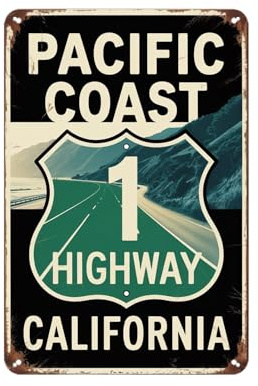 Blech-Schild California Highway 1 Pazifikküstenroute Retro Metall-Poster Dekoration Blechschild Für Badezimmer Cafes Lesesäle 20X30Cm
