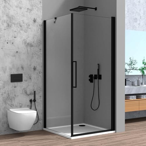 Box Doccia Angolare 70x80 Cm (H 195) Linea Neos - Porta Battente Con Lato Fisso - Cristallo Trasparente 6 Mm - Profili In Alluminio Nero