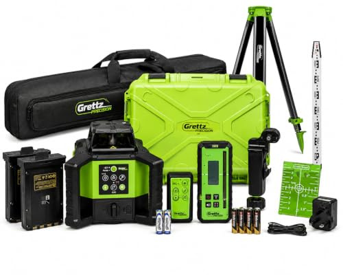 Grettz G80 Green Beam Rotary Laser Level Kit — Dual Slope, Self-Levelling | Full kit: tripod, levelling staff & digital receiver for long-range outdoor use