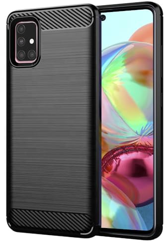 Techsuit für Samsung Galaxy A71 4G Hülle mit Soft Touch, Stoßfest, Kameraschutz, Erhöhte Kanten, Luftkissen Ecken, Anti Fingerabdruck, Flexibel, Staubschutz, Carbon Silicone Series, Schwarz