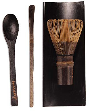 BambooMN Matcha Whisk Set - Chasen (Tea Whisk), Chashaku (Hooked Bamboo Scoop), Tea Spoon - Black