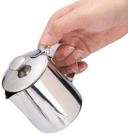 Taza de Acero Inoxidable Taza de Café Taza de Leche Espuma Jarra Jarra con Tapa para Latte Coffee Art para Oficina Cocina con Asa(350mL)