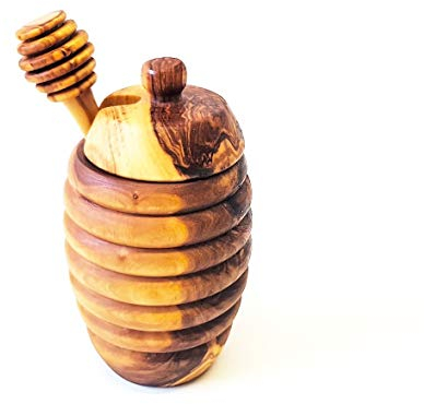 Verano Spanish Ceramics Tunisian Olive Wood Honey Drizzler & Pot with Lid - Sustainably Sourced - Home Dining Room Table Kitchen Restaurant Café Bar - 12cm