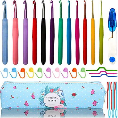 Looen Häkelnadel-Set, 12 Größen, 2 mm (B) - 8 mm (L) ergonomische Häkelnadeln mit Etui für arthritische Hände, bunte Häkelnadeln
