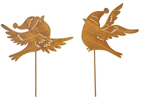 2 teilig Rostoptik Vögel mit Mütze auf Stab 50 cm Winter Garten Dekoration