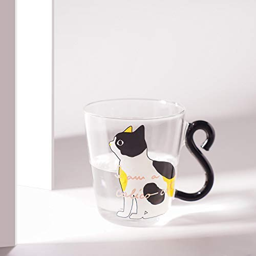 Tasse de Café en Verre Mignon Mug à Lait Avce Motif Chaton Transparent Tasse de Capuccino Résistante Chaleur Verre à Boire avec Poignée Créatif Pichet de Jus Thé Style Japonais Adulets Enfants