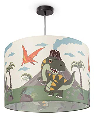 Paco Home Hängelampe Mädchen Junge Deckenlampe Kinderzimmer Lampe Stoff E27 Lampenschirm Dschungel Tiere 1,5m Textilkabel Kürzbar Dinosaurier Dino