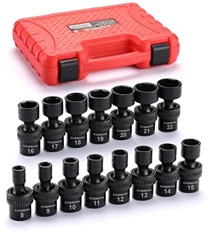 CASOMAN Universal-Schlag-Steckschlüssel-Set, 3/8-Zoll-Antrieb, 6-kant, CR-MO, metrisch, 8–22 mm, Dreh-Stecknuss, 15 Stück